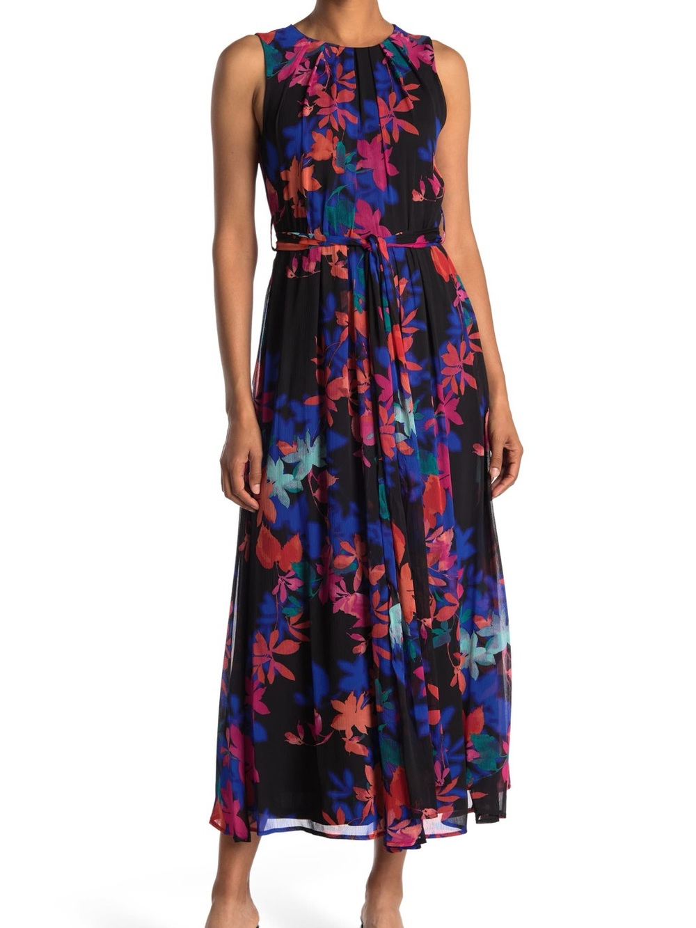 Calvin Klein Floral Chiffon Maxi Dress Sleeveless Lined Pleated Zip Women Size 6